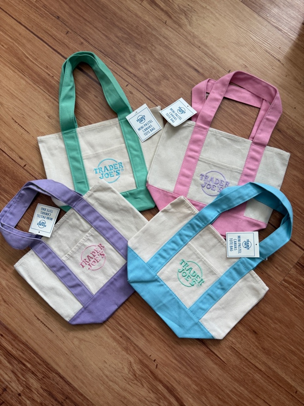 Trader Joe's Mini Pastel Canvas Tote Bag - Pastel Blue, Pink, Green, Lavender